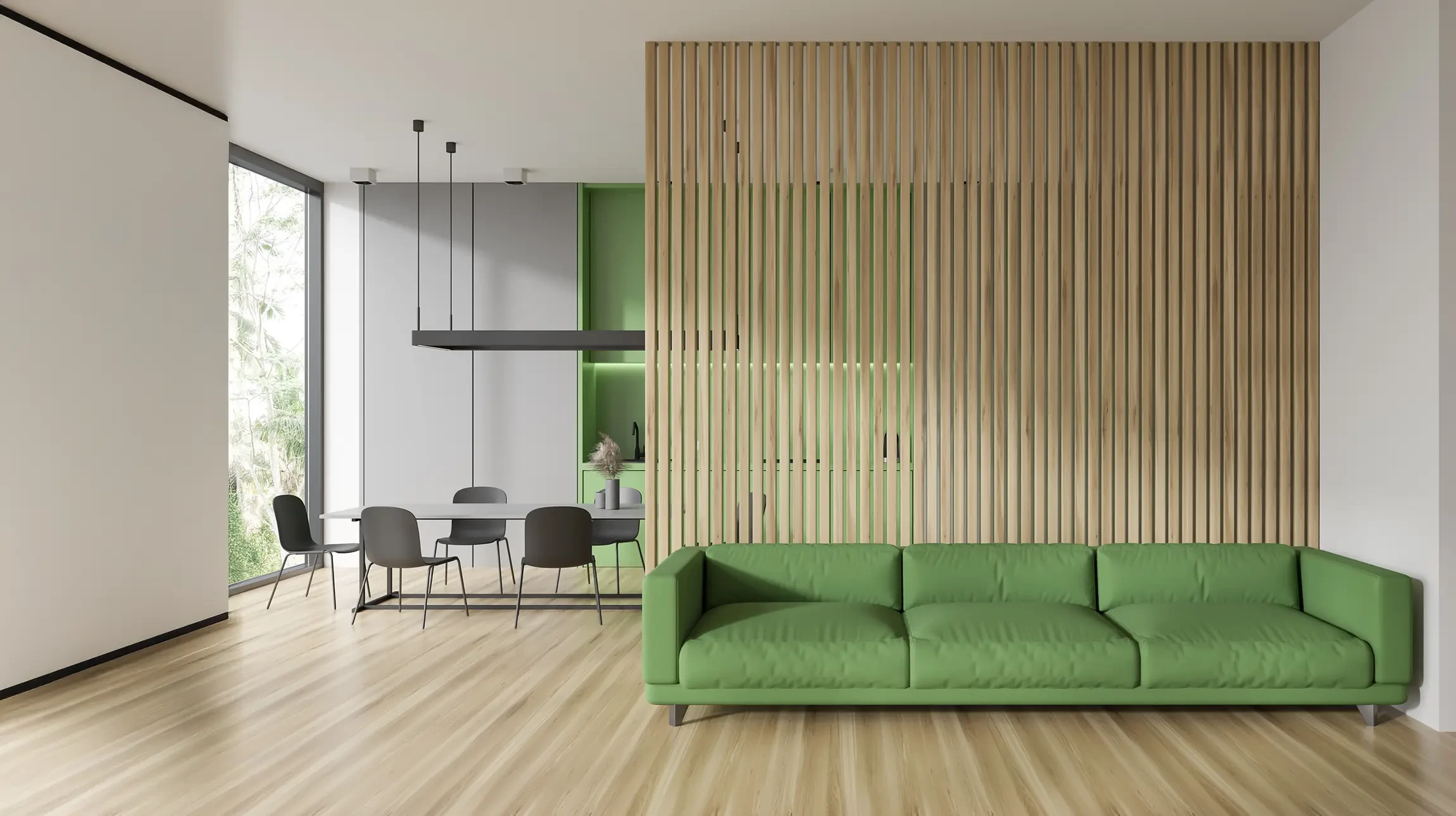 Chambre vide avec parquet stratifié et mur blanc récemment peint dans un appartement rénové avec couloir menant à d'autres chambres